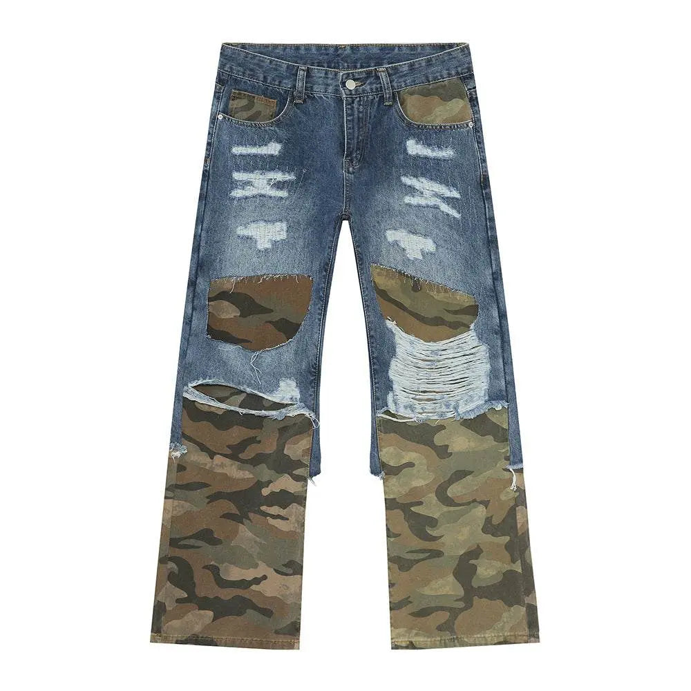 MENLL Distressed Camo Jeans Men's Casual Loose Fit Pants Trendy Patchwork by MENLL
