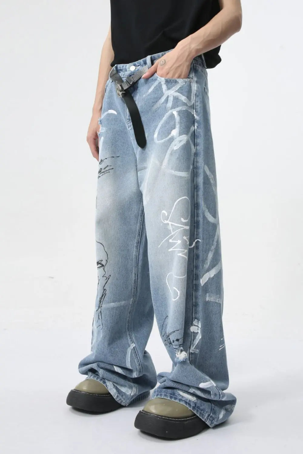 MENLL Graffiti Distressed Jeans Men's Casual Wide Leg Denim Streetwear by MENLL