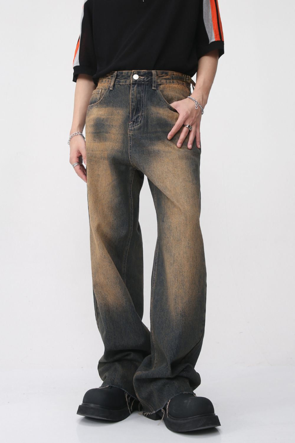 Raw Hem Straight Leg Jeans, no stretch, cotton blend, basic style.
