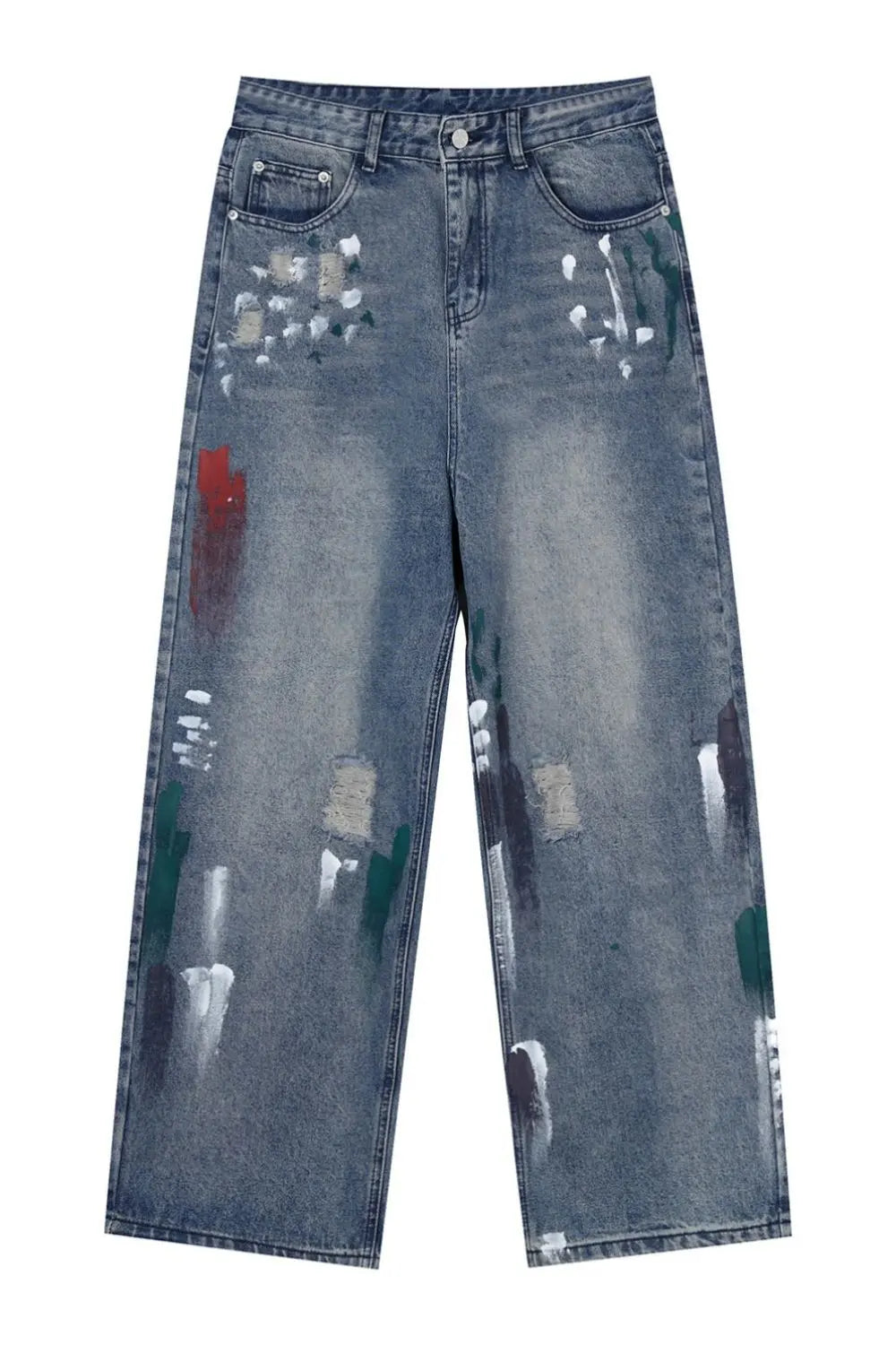 MENLL Washed Distressed Jeans Men's Streetwear Wide Leg Loose Fit Denim by MENLL