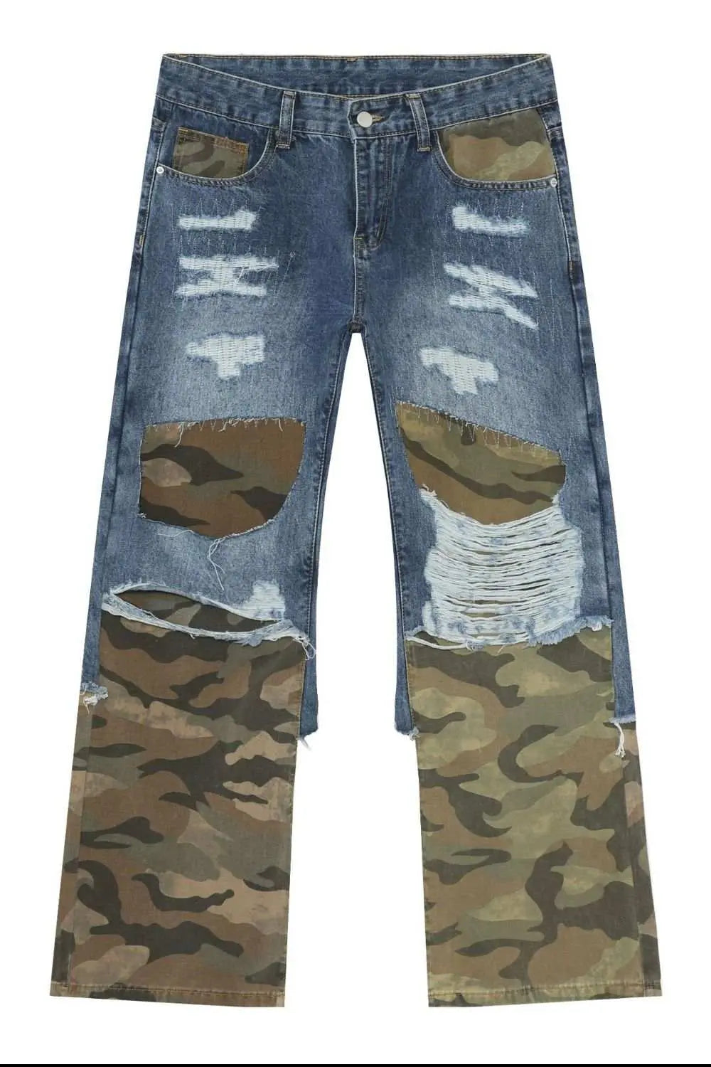 MENLL Camo Distressed Jeans Men's Casual Patchwork Denim Ripped Streetwear by MENLL
