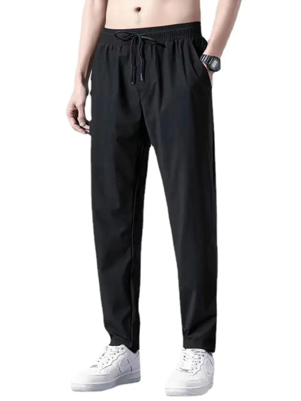 MENLL Plus Size Black Pants Men's Casual Drawstring Pocket Pants by MENLL