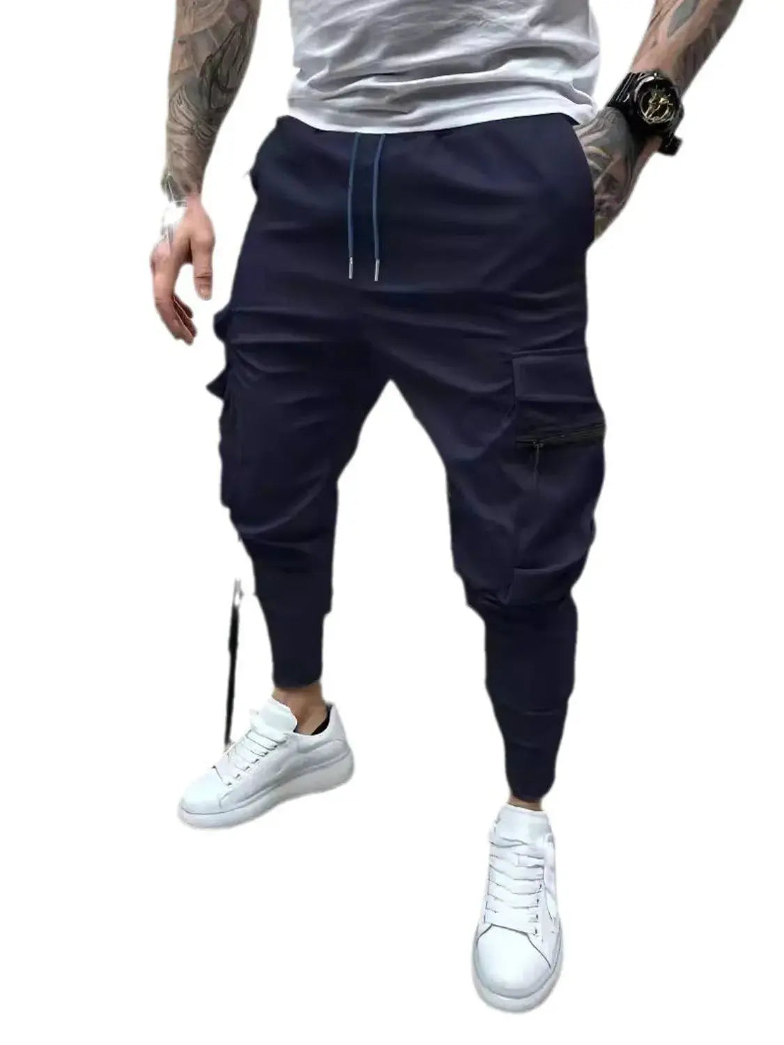 MENLL Plus Size Black Cargo Pants Men's Casual Drawstring Pants with Pockets by MENLL