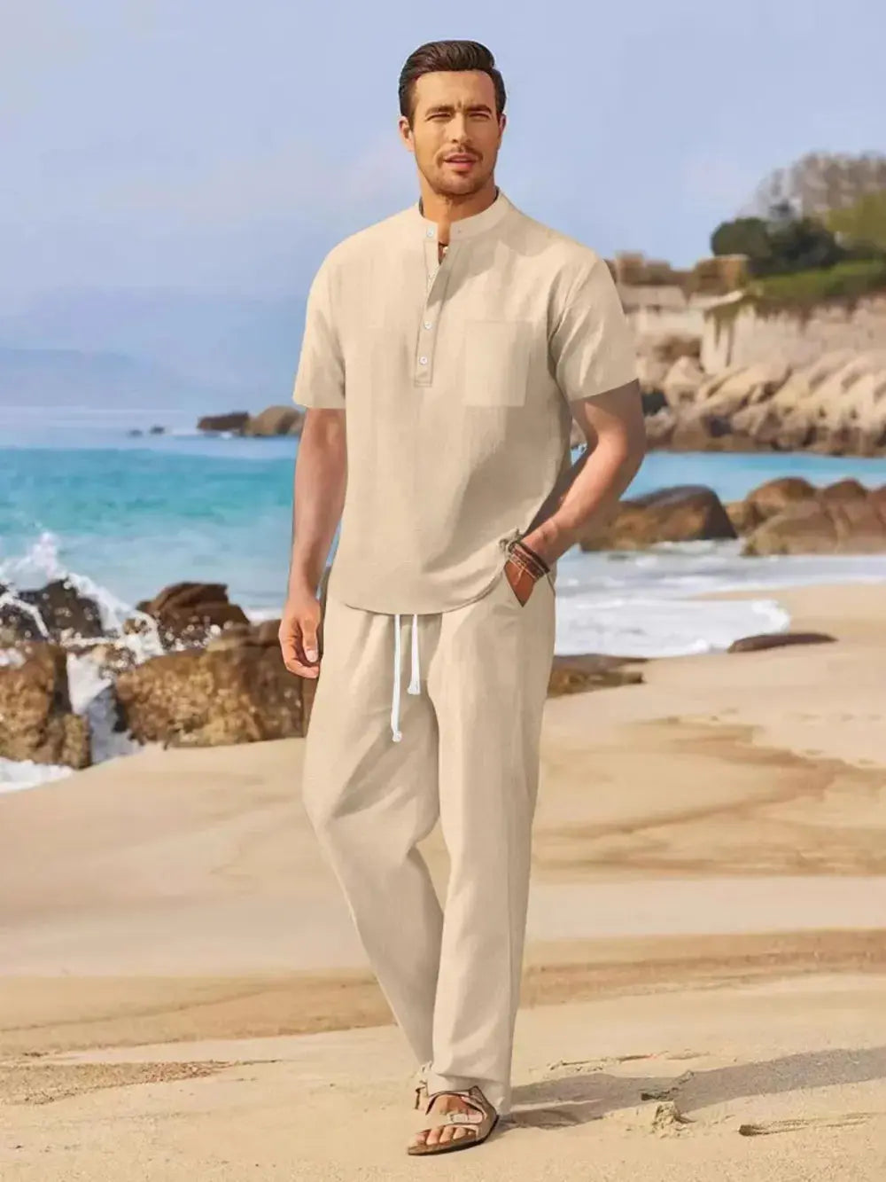 MENLL Plus Size Set Half Button Shirt & Pants Men's Casual Loungewear Comfort Fit by MENLL