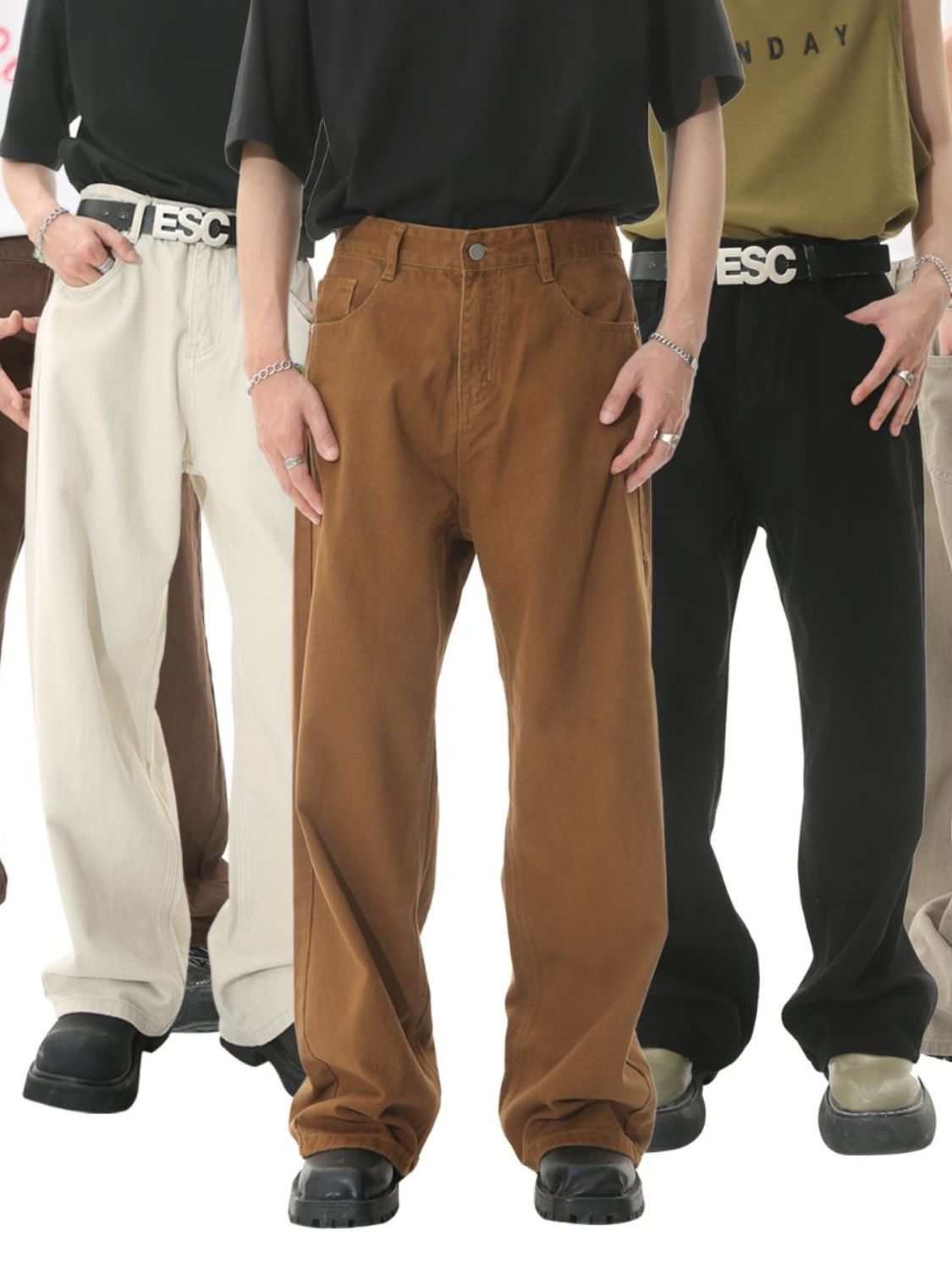 Men's mid-rise straight-leg jeans in various colors, 99% cotton and 1% viscose.