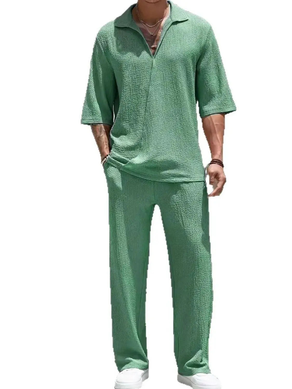 MENLL Blue Johnny Collar Set Men's Loungewear Comfy Half Sleeve Top & Pants by MENLL