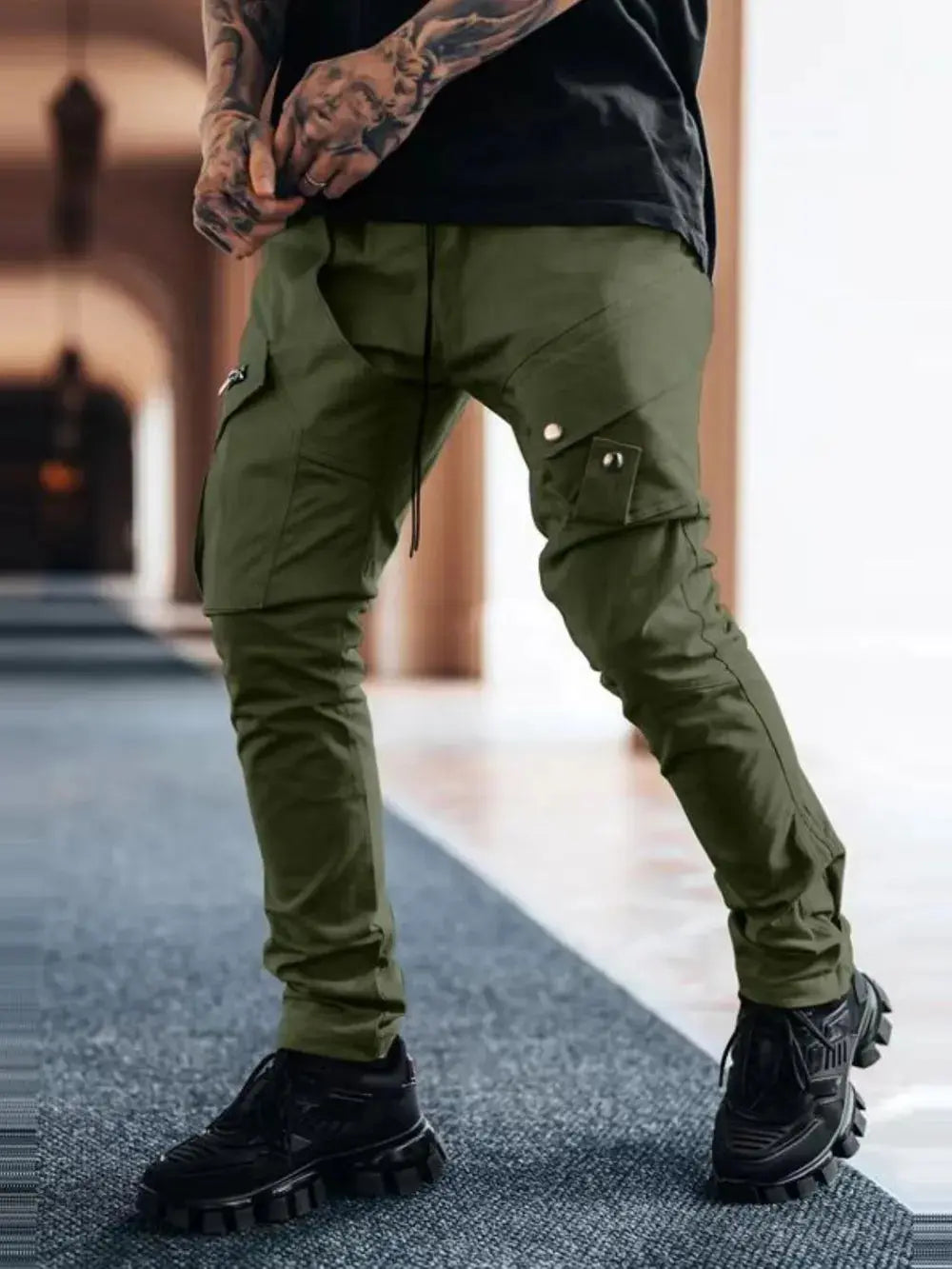 MENLL Plus Size Khaki Cargo Pants Men's Everyday Slim Fit Casual by MENLL
