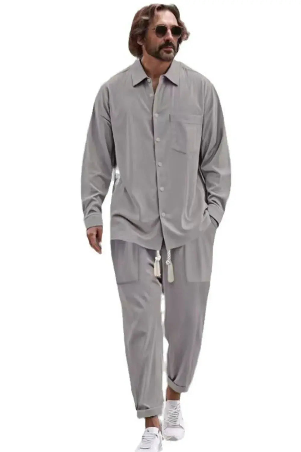 MENLL Blue Collared Set Men's Plus Size Loungewear Long Sleeve Top & Pants by MENLL