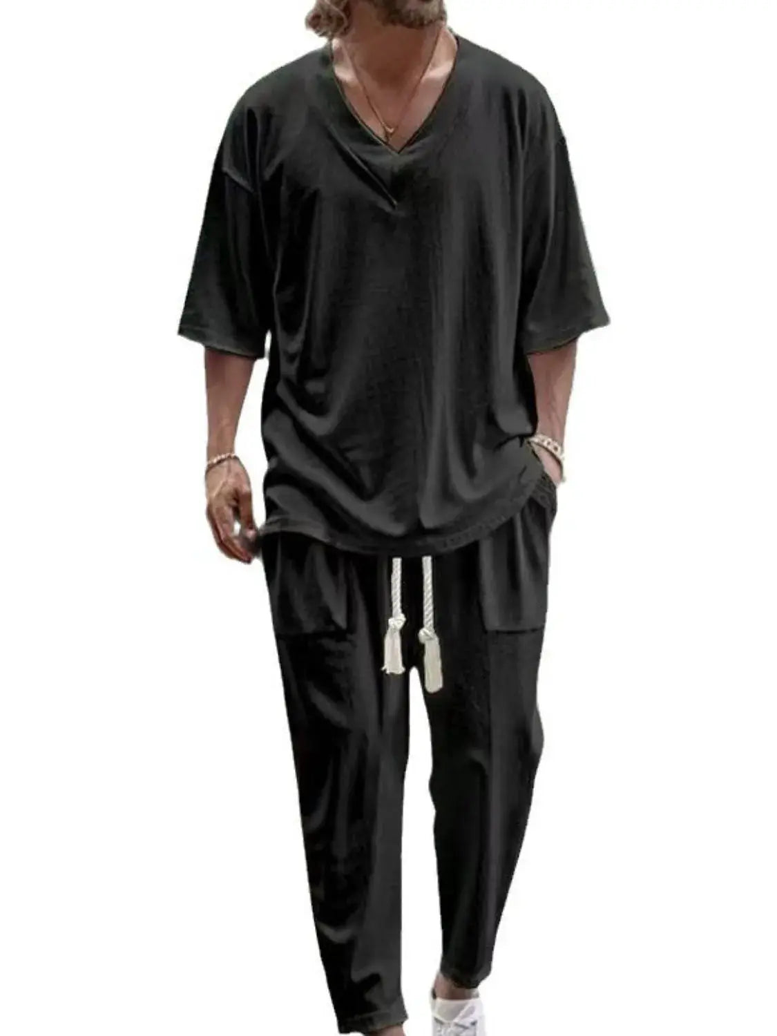 MENLL Light Blue V-Neck Men's Lounge Set Sleepwear - Comfortable Casual Wear by MENLL