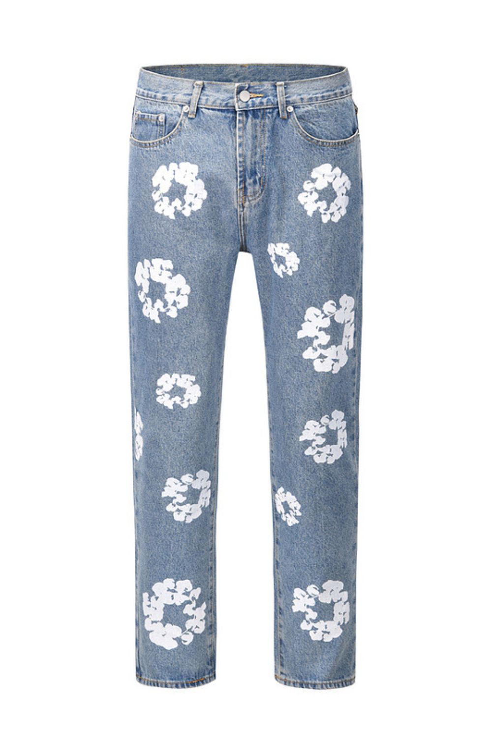 Men's graphic straight leg jeans with floral prints.