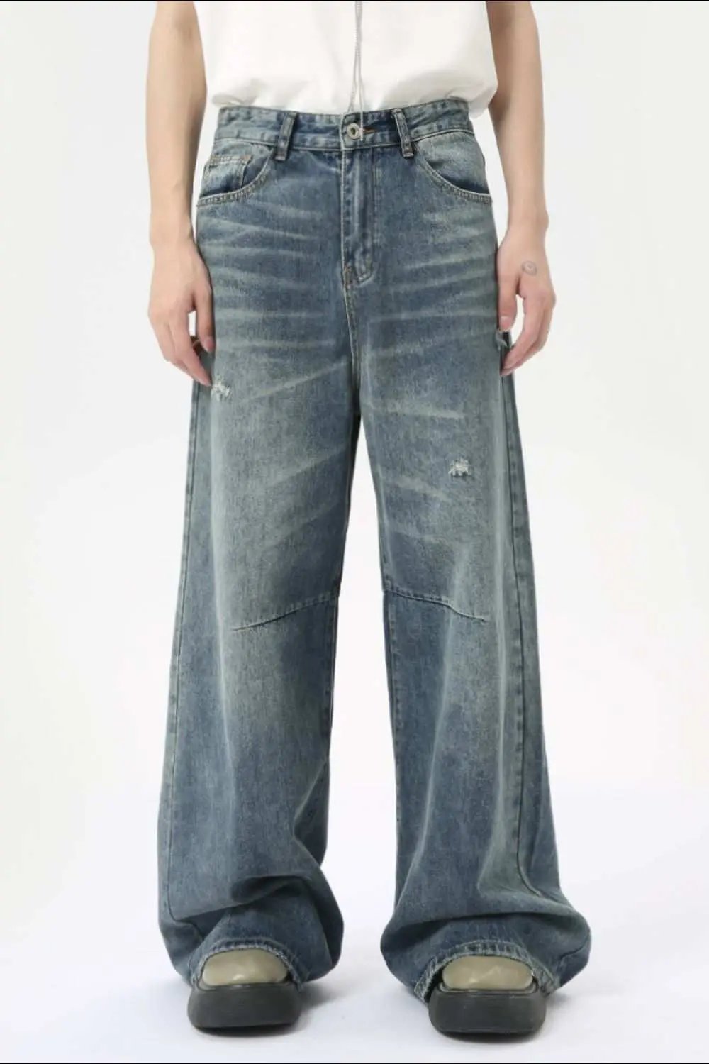 MENLL Men's Distressed Wide Leg Jeans Blue Pockets by MENLL