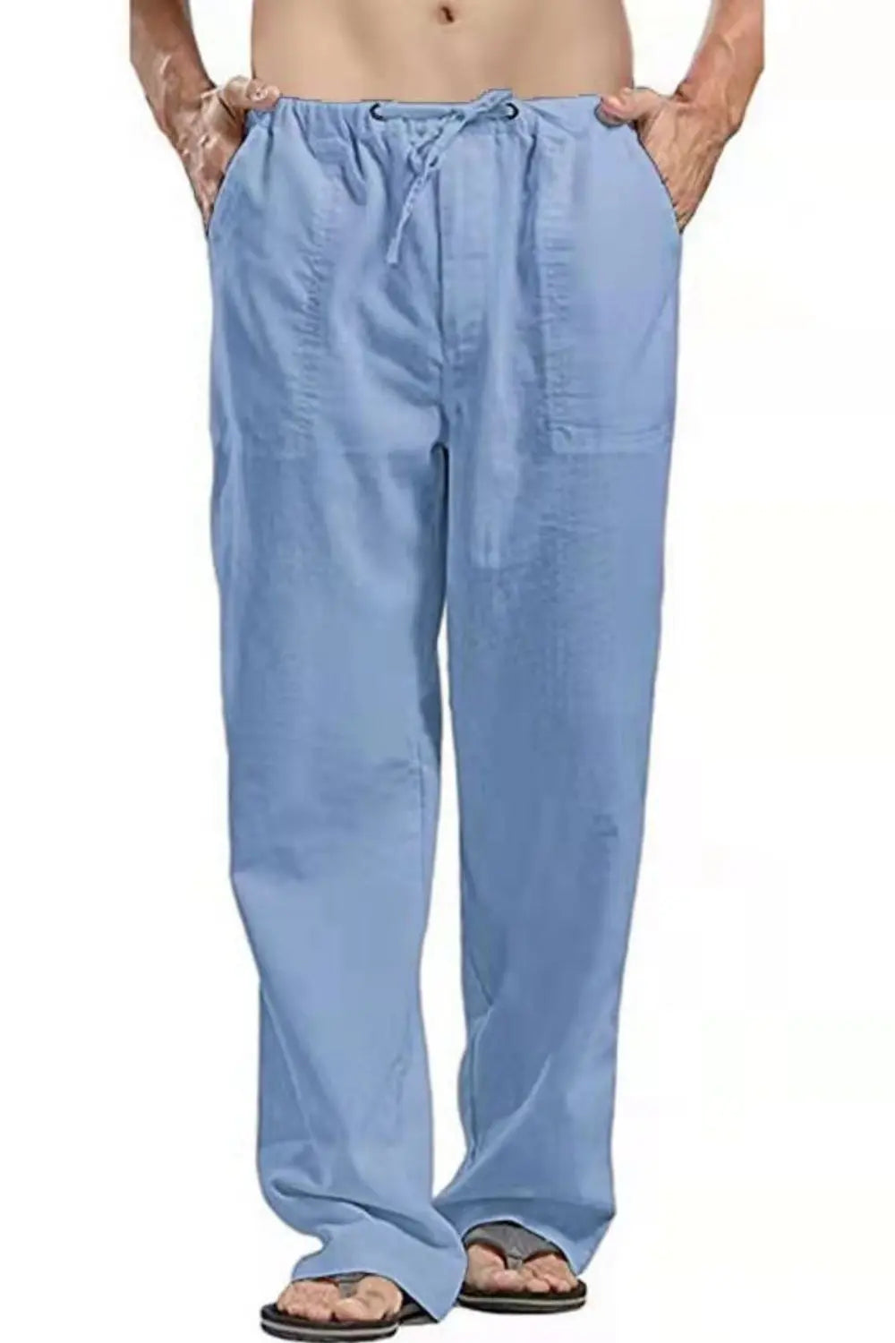 MENLL Teal Cotton Linen Pants Men's Plus Size Drawstring Casual Straight Leg by MENLL