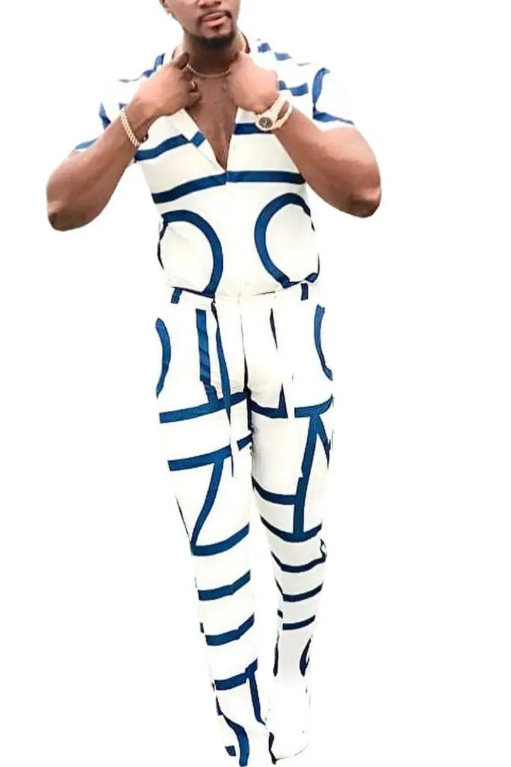 MENLL Geo Print Set Men's Plus Size Loungewear Two-Piece Outfit Comfortable by MENLL