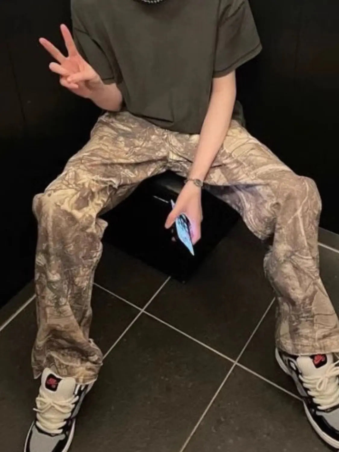 MENLL Twig Camo Distressed Denim Men's Jeans Slim Fit Streetwear by MENLL