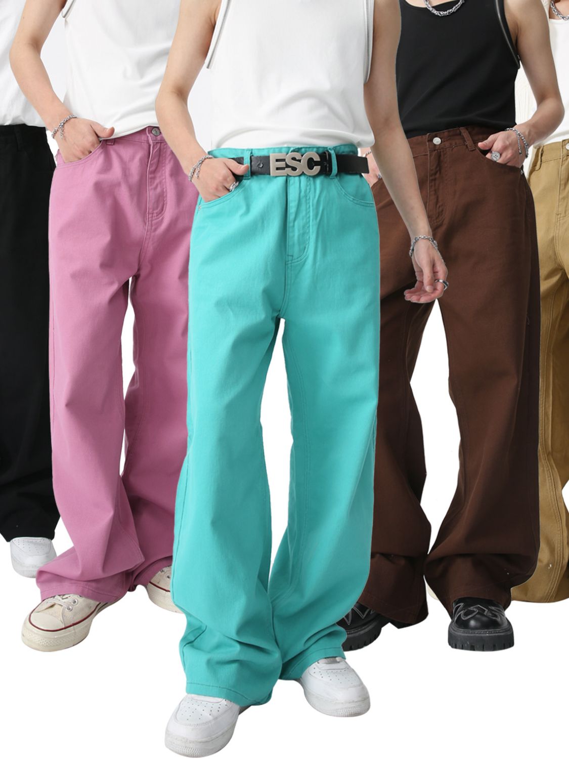Mid rise baggy men's jeans in vibrant colors, basic style, 99% cotton.