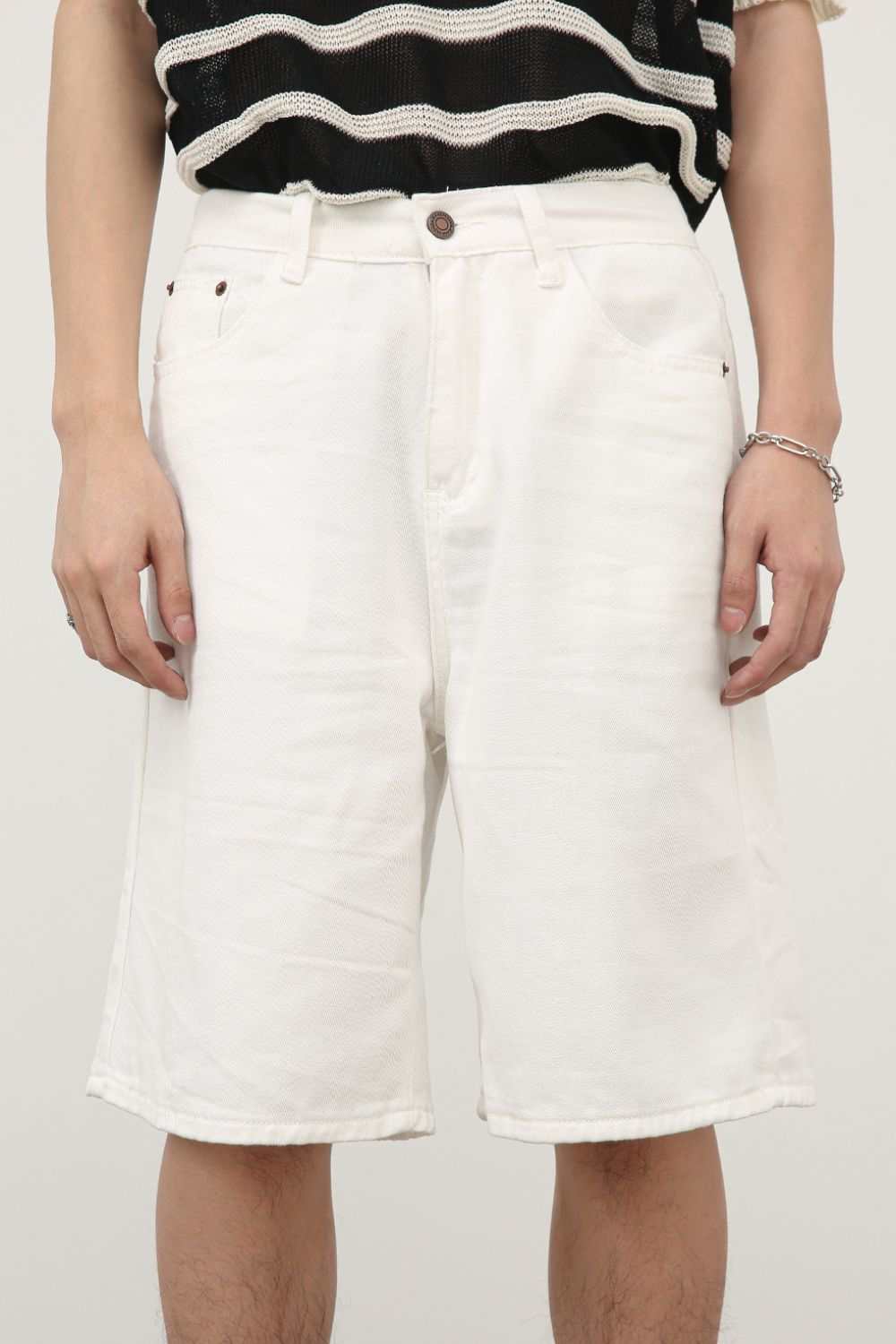 Men's mid rise denim shorts, basic style, pocketed, no stretch.