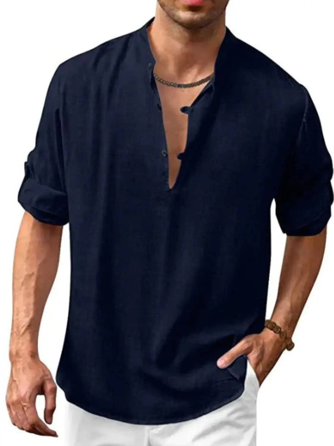 MENLL Plus Half Button Shirt Mens Casual Long Sleeve Black Top by MENLL