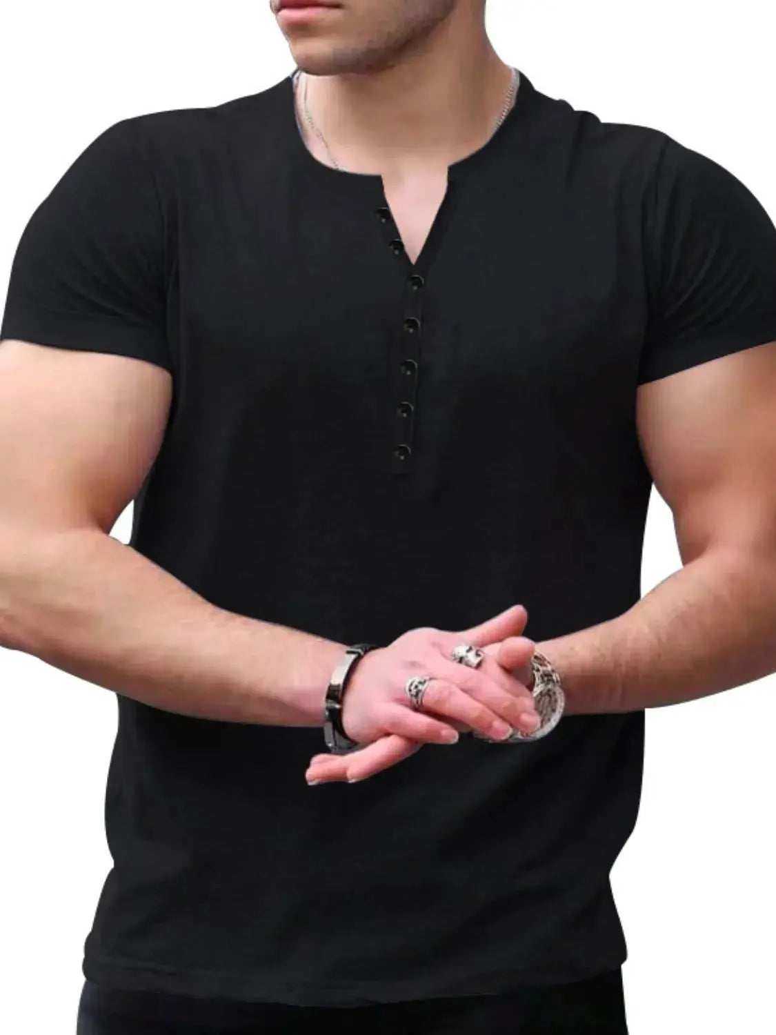 MENLL Olive Henley Shirt Men's Everyday Cotton Blend Casual Top - Button Detail by MENLL