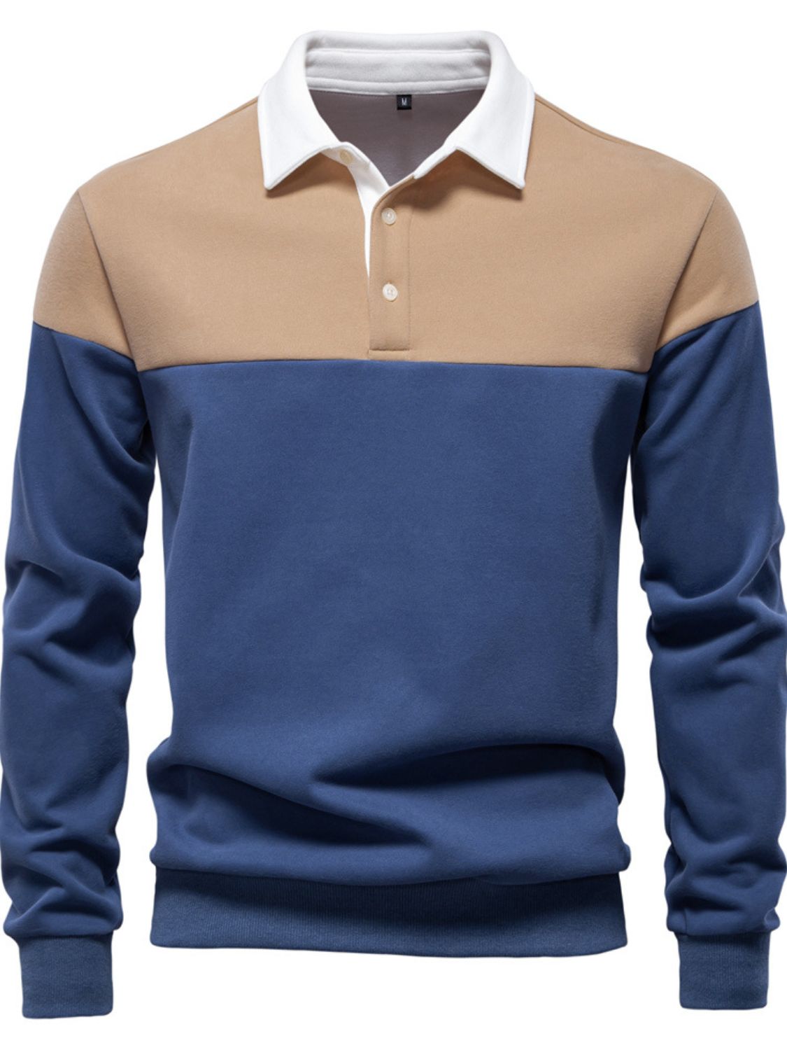 Men's collared neck contrast long sleeve polo in blue and tan with white collar.