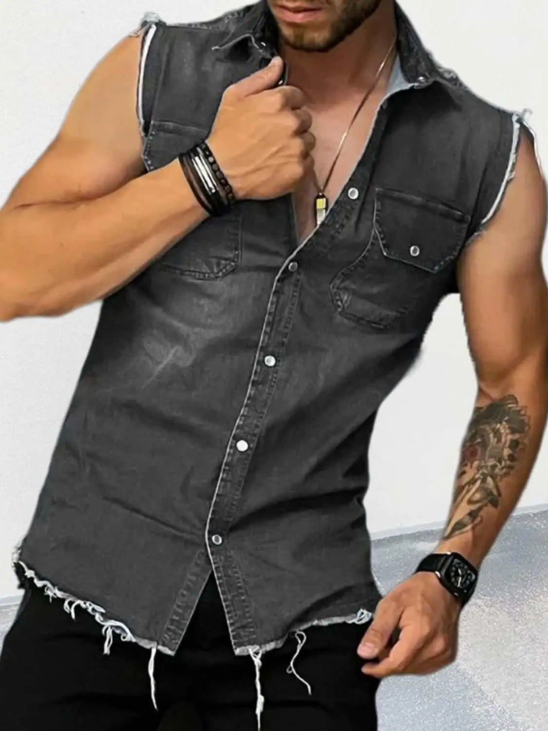 MENLL Denim Shirt Men's Sleeveless Snap Down Casual Jacket Blue by MENLL