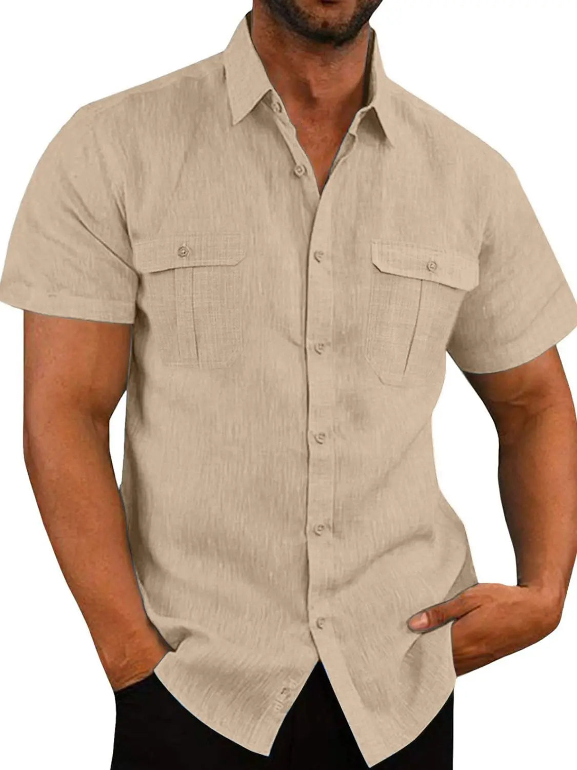 MENLL Gray Flax Shirt Men's Plus Size Casual Short Sleeve Breathable by MENLL