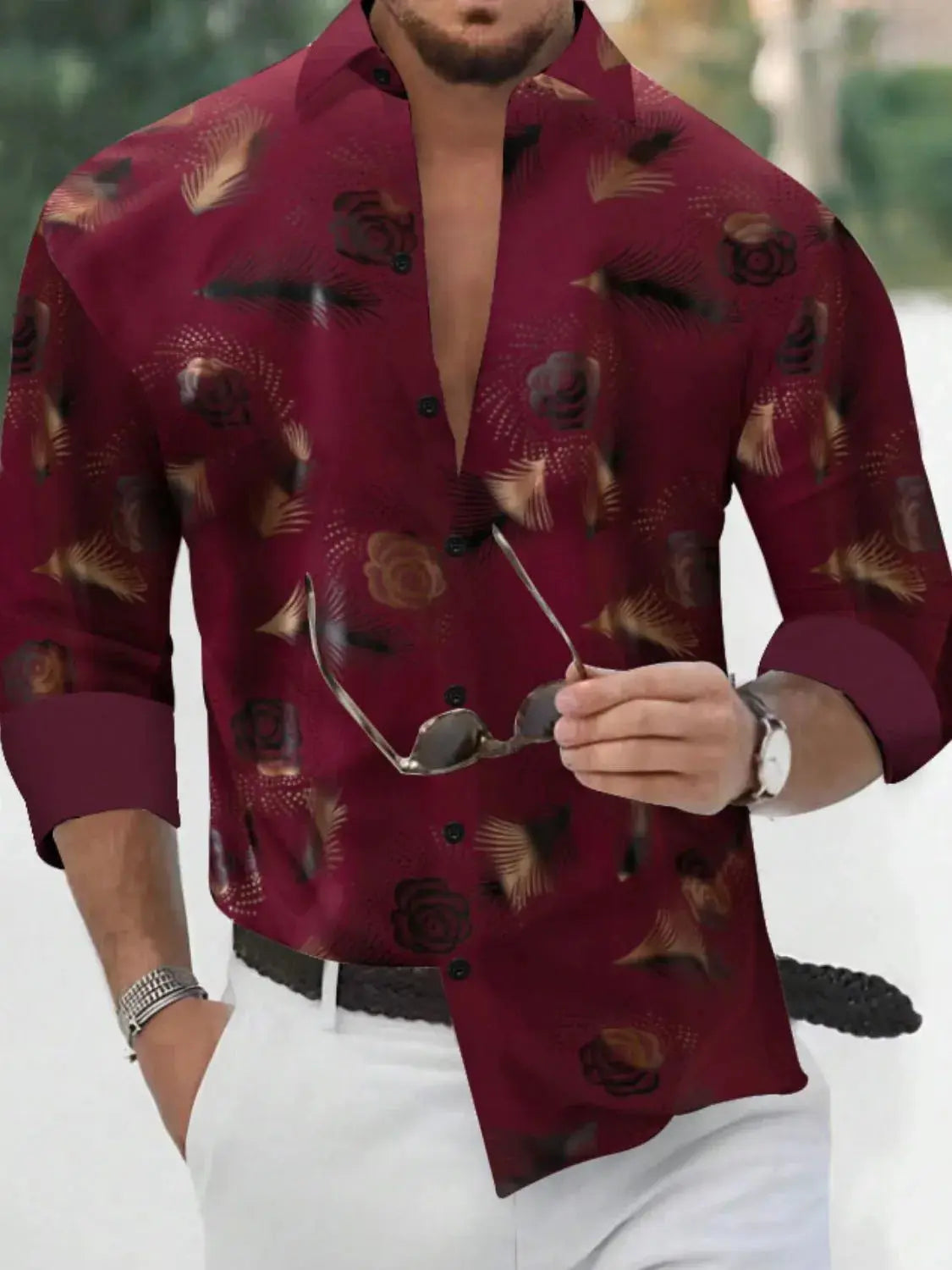 MENLL Navy Floral Mens Plus Size Button Up Shirt Casual Long Sleeve Comfort by MENLL