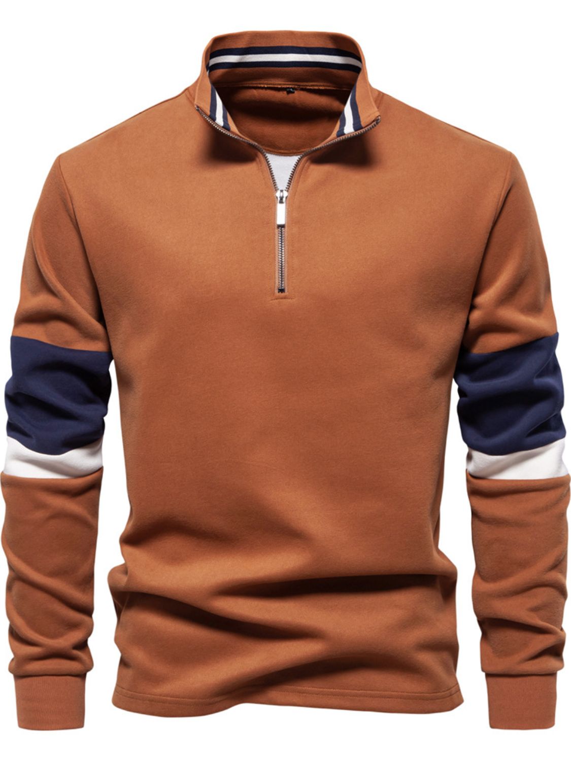 Men's color block long sleeve polo with zipper collar in brown, navy, and white; slightly stretchy cotton-polyester blend.