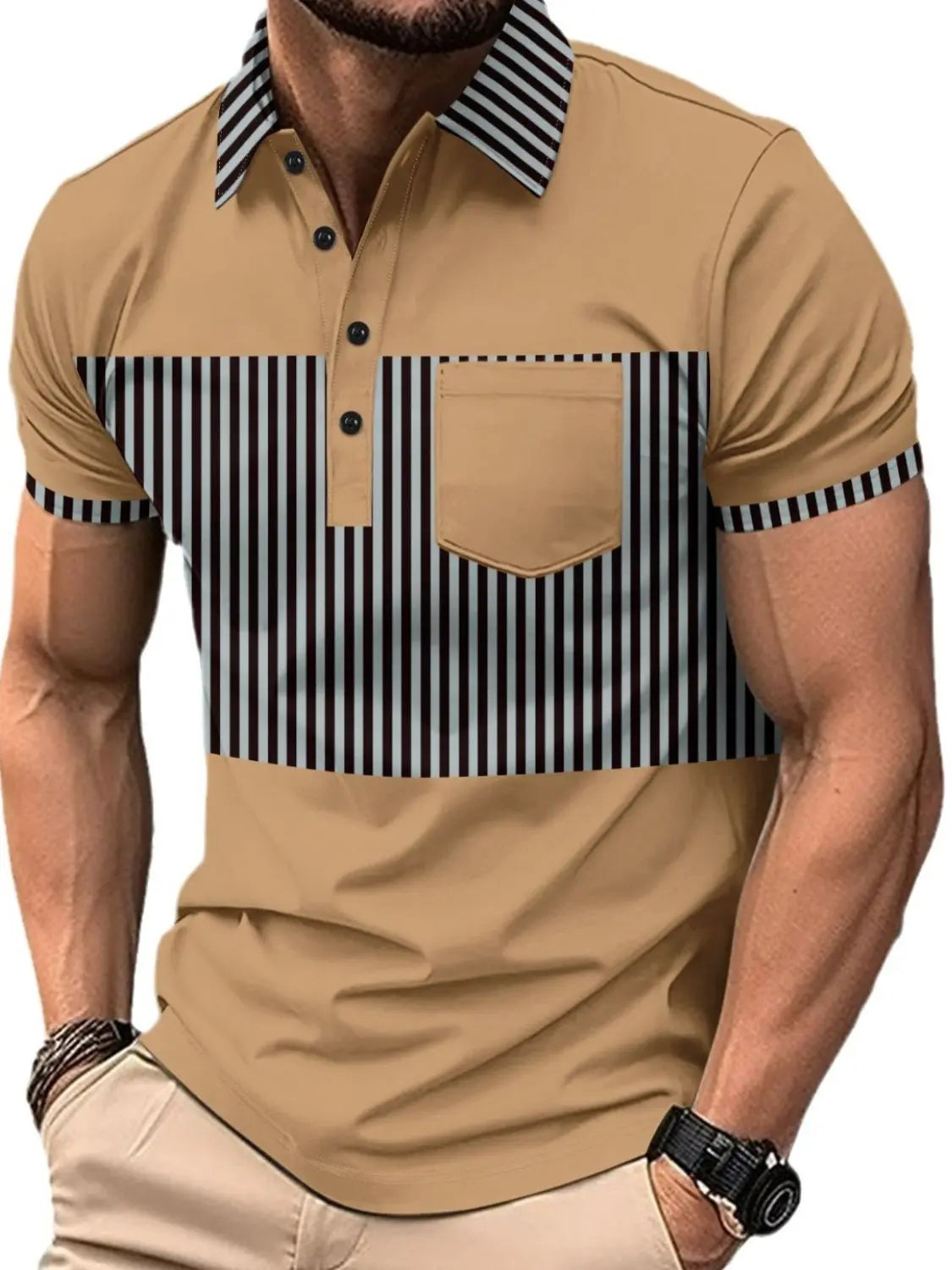 MENLL Plus Size Polo Shirt Men's Casual Collared Striped Tee with Pocket by MENLL