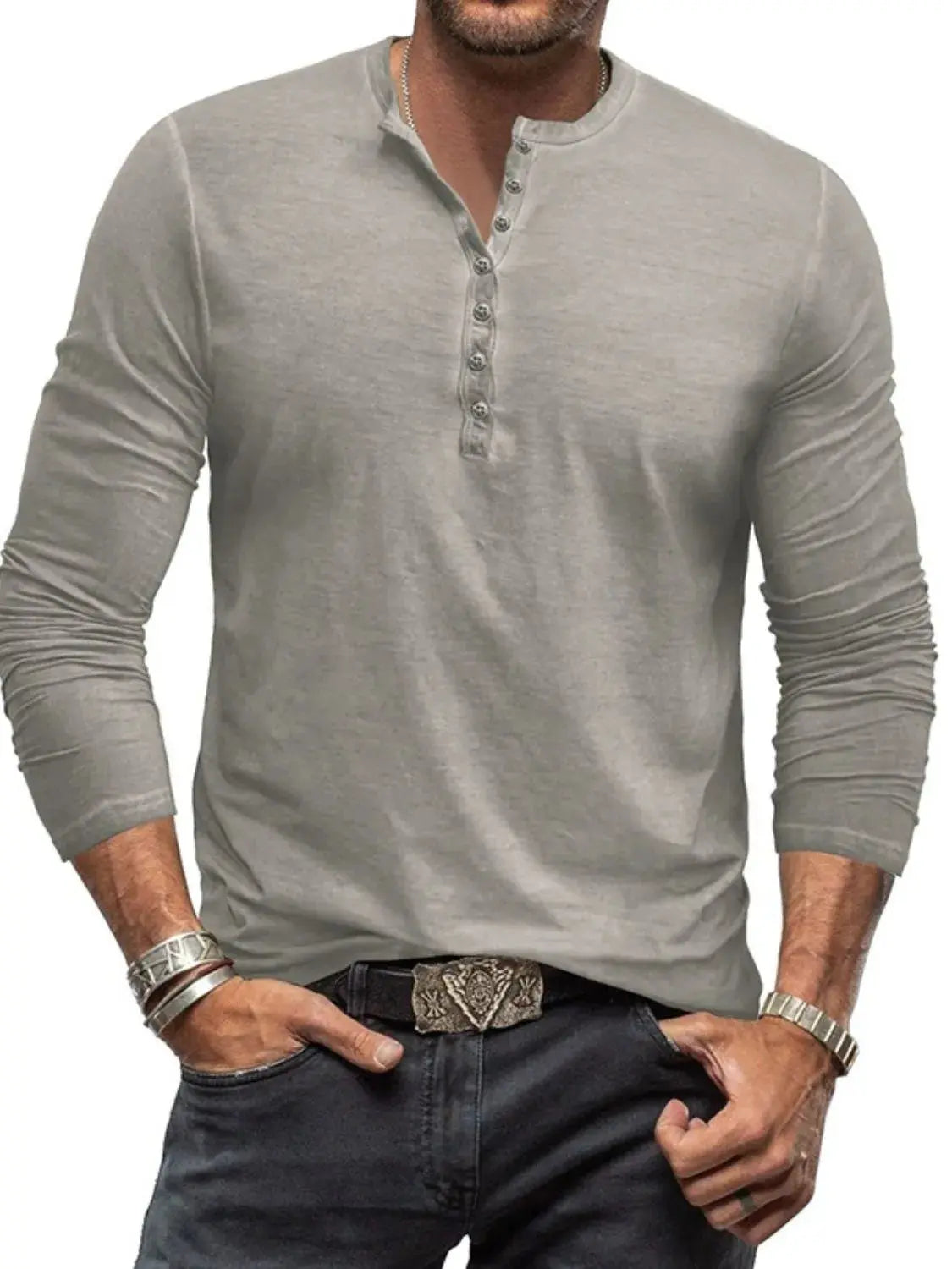 MENLL Blue Henley Shirt Men's Plus Size Casual Long Sleeve Button Detail by MENLL