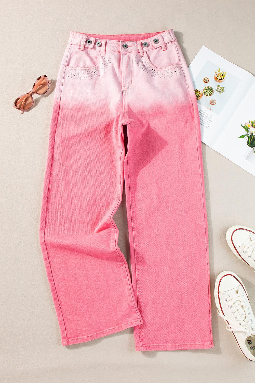 Rhinestone Gradient Straight Jeans with pink ombre design displayed with accessories and shoes.