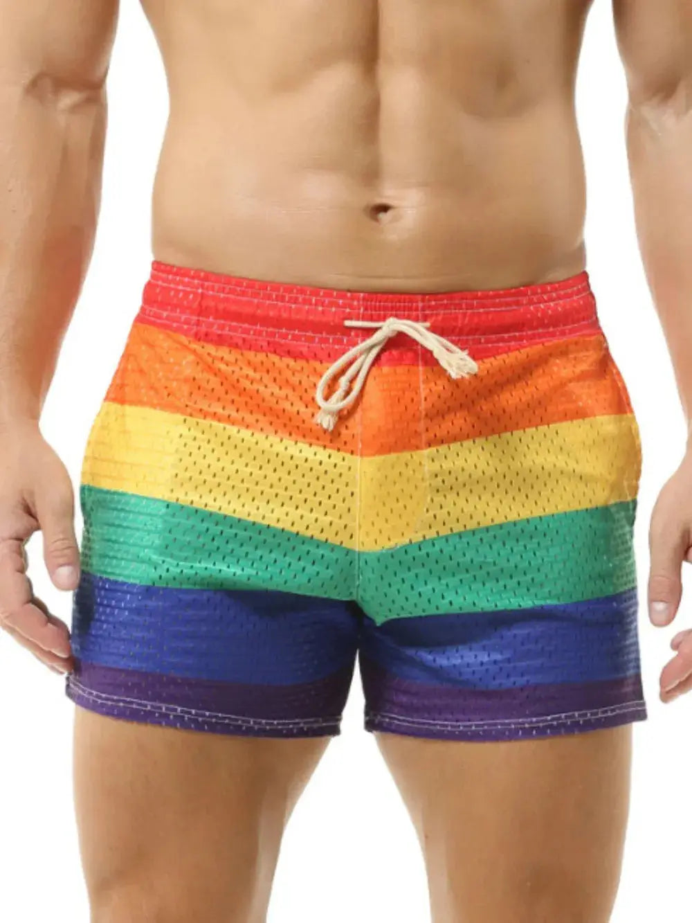MENLL Rainbow Color Block Men's Drawstring Shorts Summer Casual Activewear by MENLL