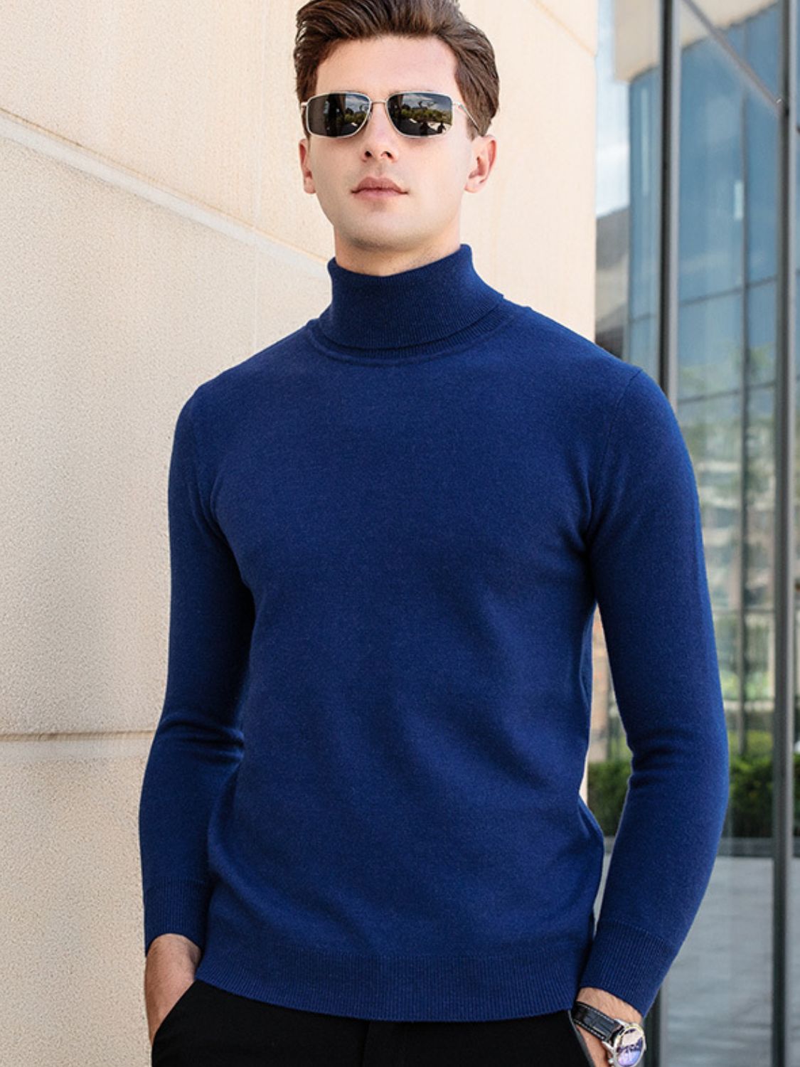 Men's plus size blue turtleneck long sleeve sweater, stretchy material.