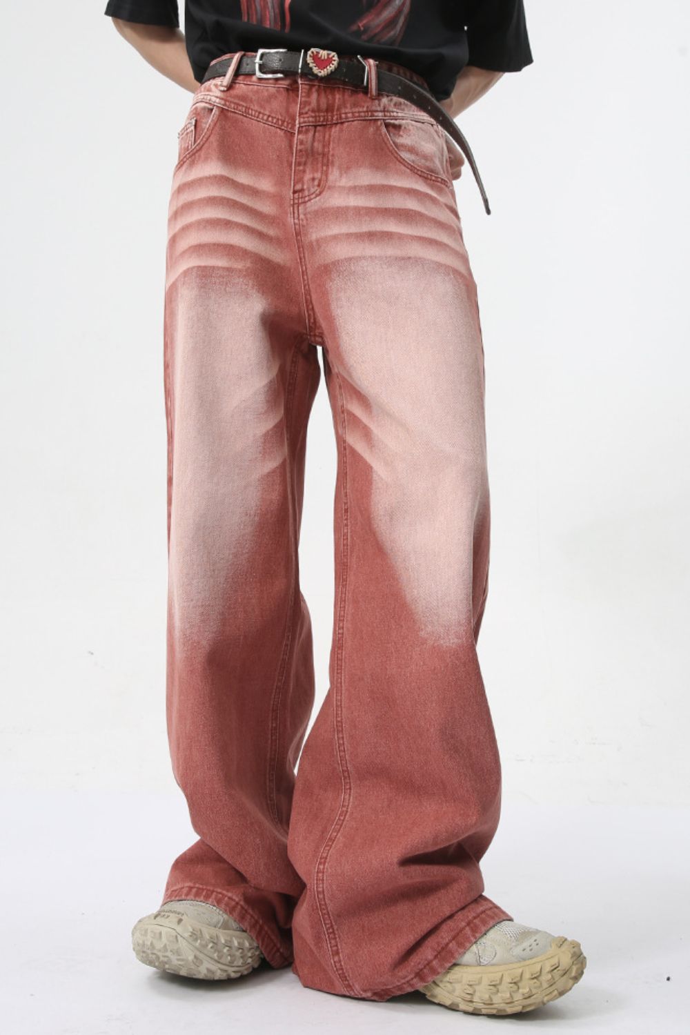 Men's washed wide leg jeans made from cotton and viscose blend.