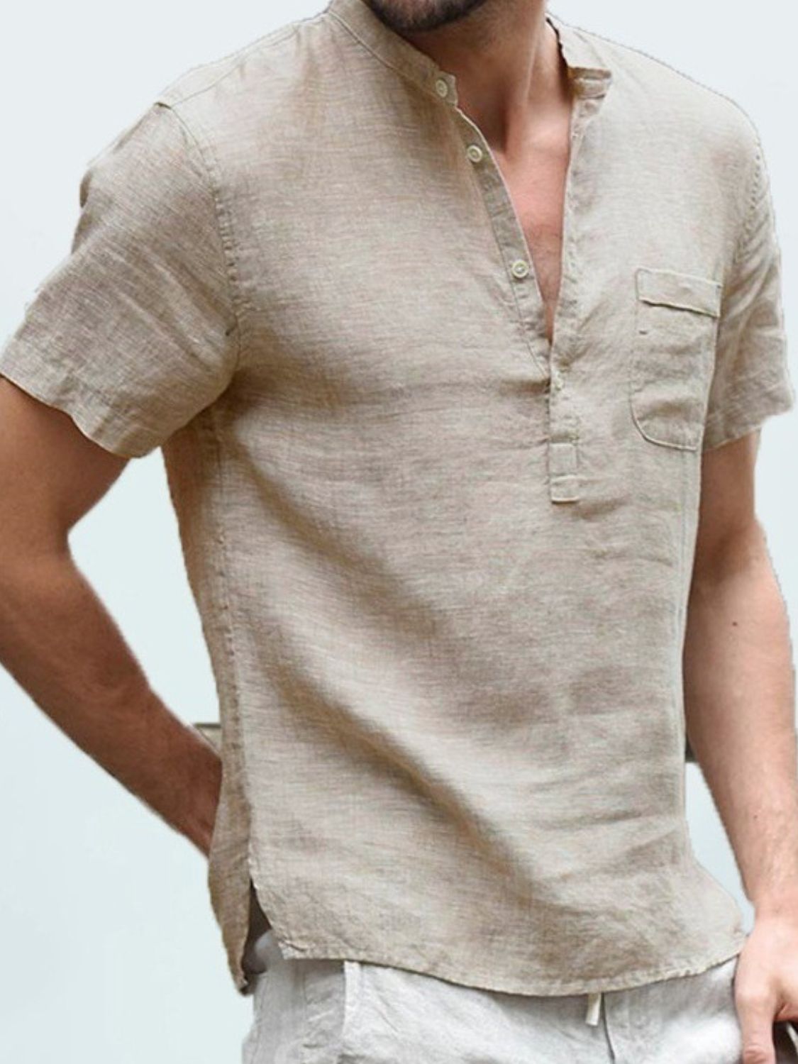 Men's full size half button short sleeve polo in beige, plus size.
