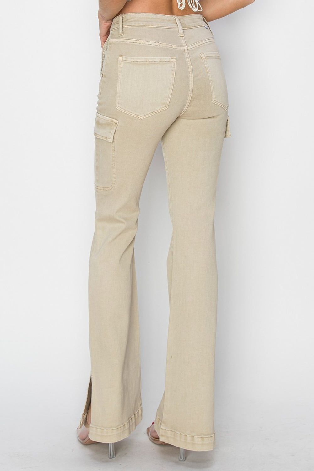 Full size high rise side slit cargo bootcut jeans with pockets.