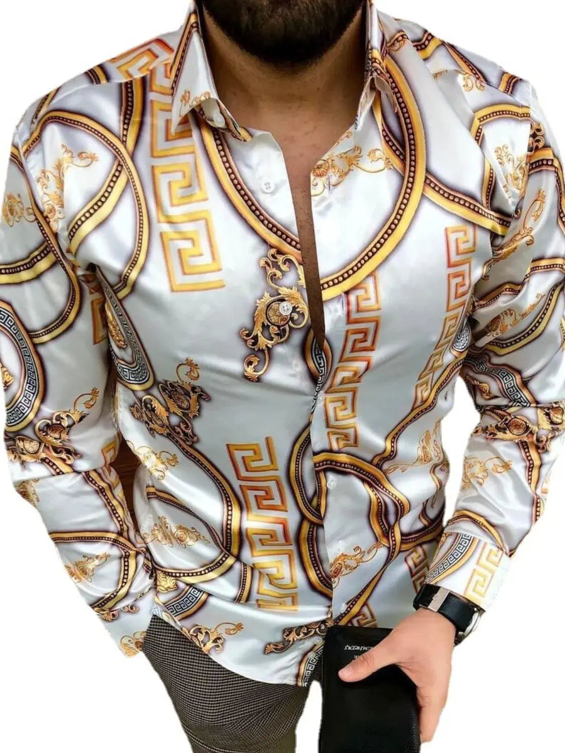 MENLL Plus Size Baroque Shirt Men's Casual Printed Long Sleeve Button Up Top by MENLL