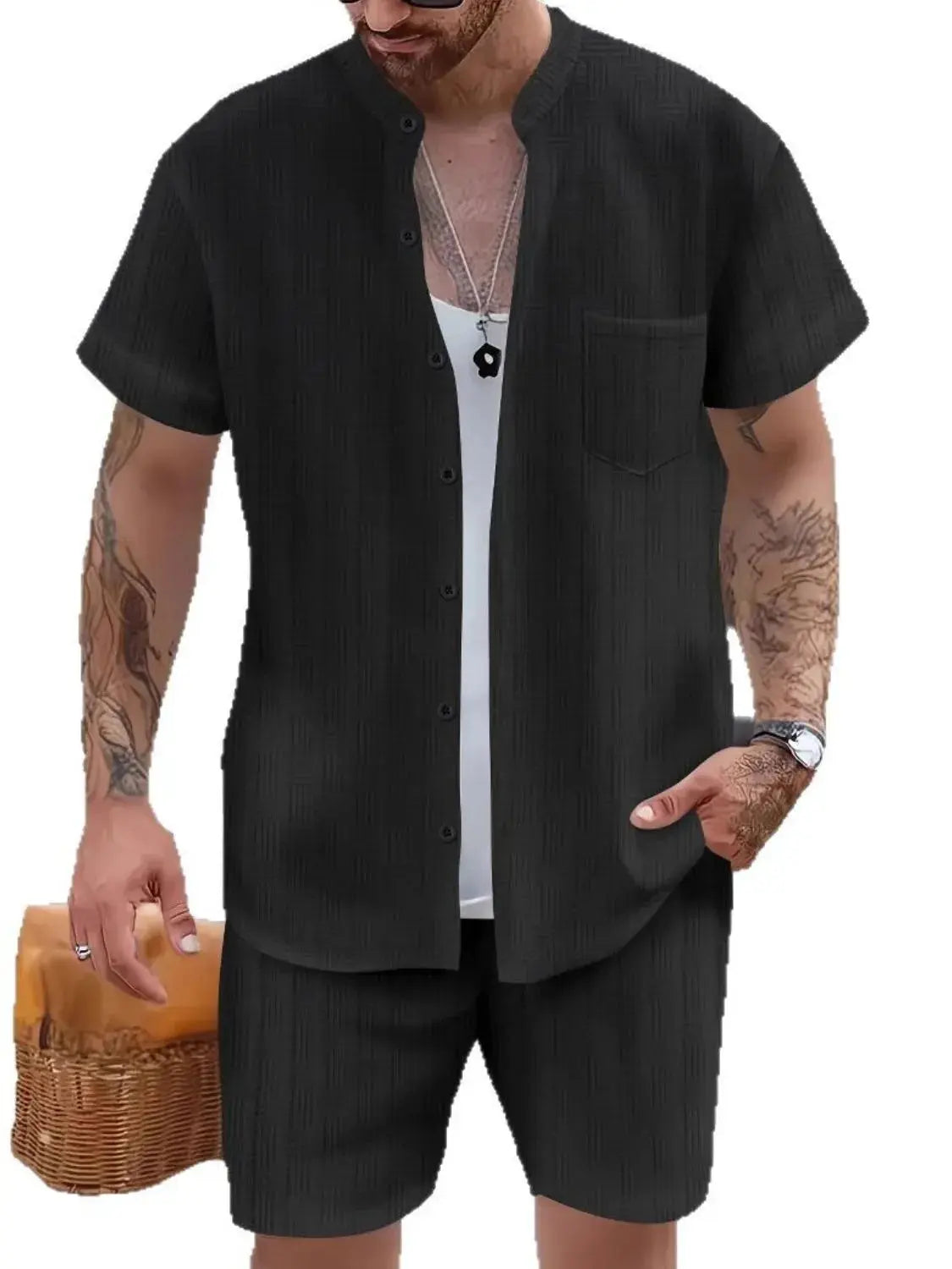 MENLL Polyester Button Up Men's Casual Shirt & Shorts Set - Lightweight by MENLL