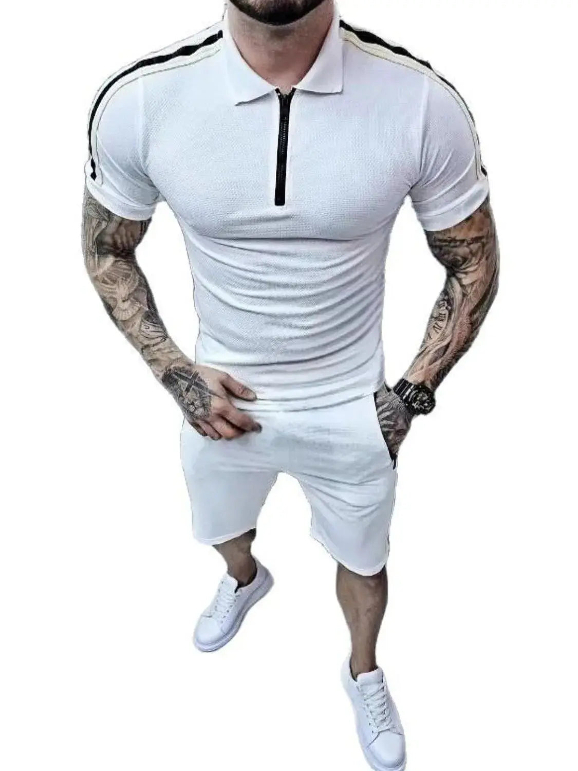 MENLL PrimeWear Set Men's Casual Collared Short Sleeve Top & Shorts Set - Comfy Fit by MENLL