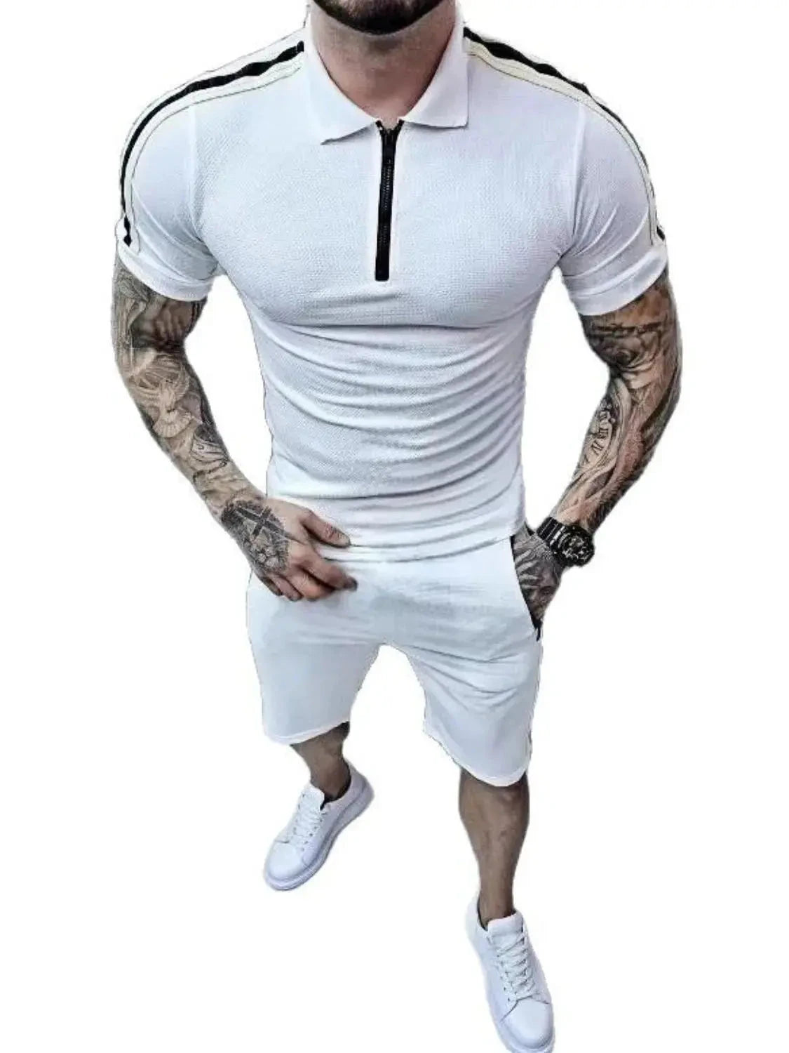 MENLL Men's Casual Set - Comfy Fit - Collared Short Sleeve & Shorts - Product Details