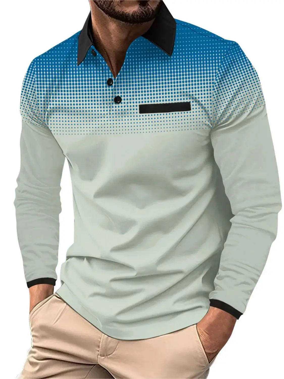 MENLL Plus Size Blue Polo Shirt Men's Casual Long Sleeve Collared Top by MENLL