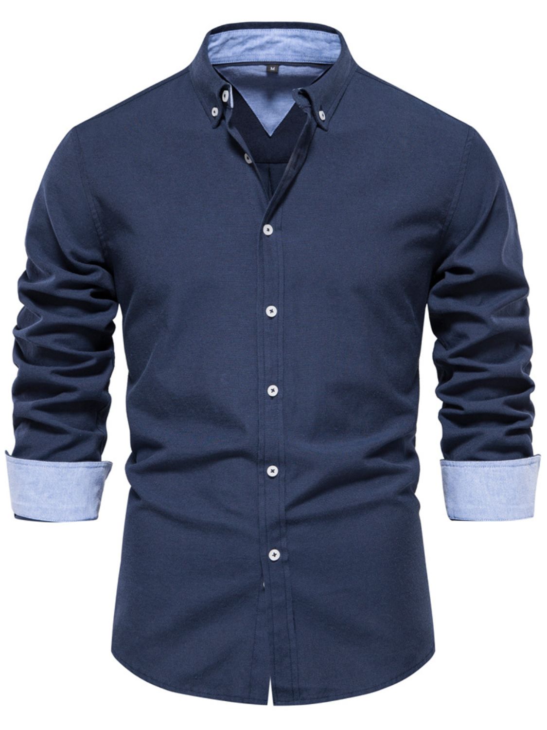 Men's navy button down collared neck shirt with contrast cuffs and pocket, slightly stretchy cotton-polyester blend.