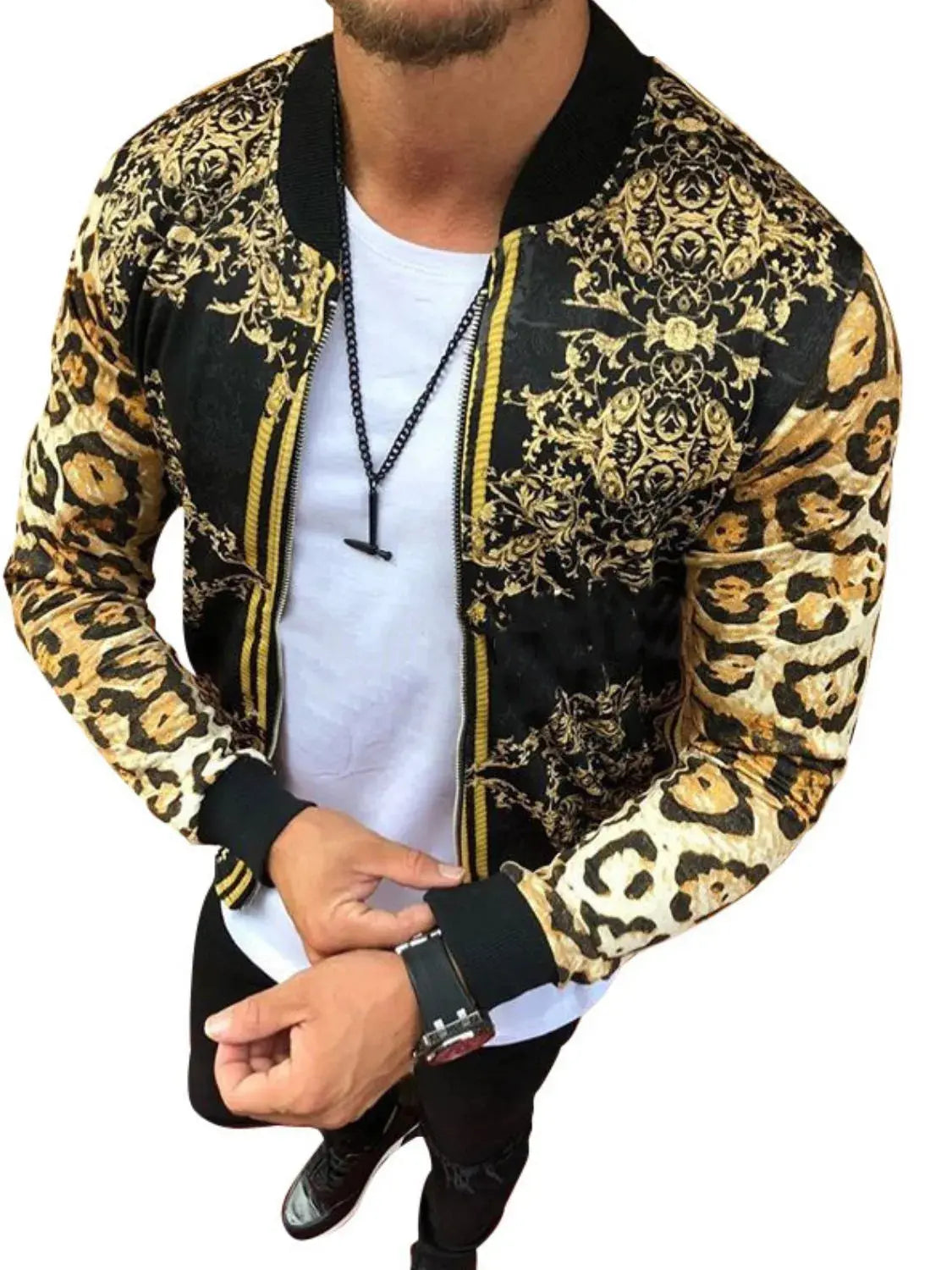 MENLL Gold Leopard Print Men's Plus Size Zip Up Shirt - Statement Piece by MENLL