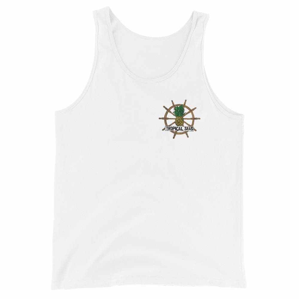 Unisex "Tropical Seas" tank top with nautical design.