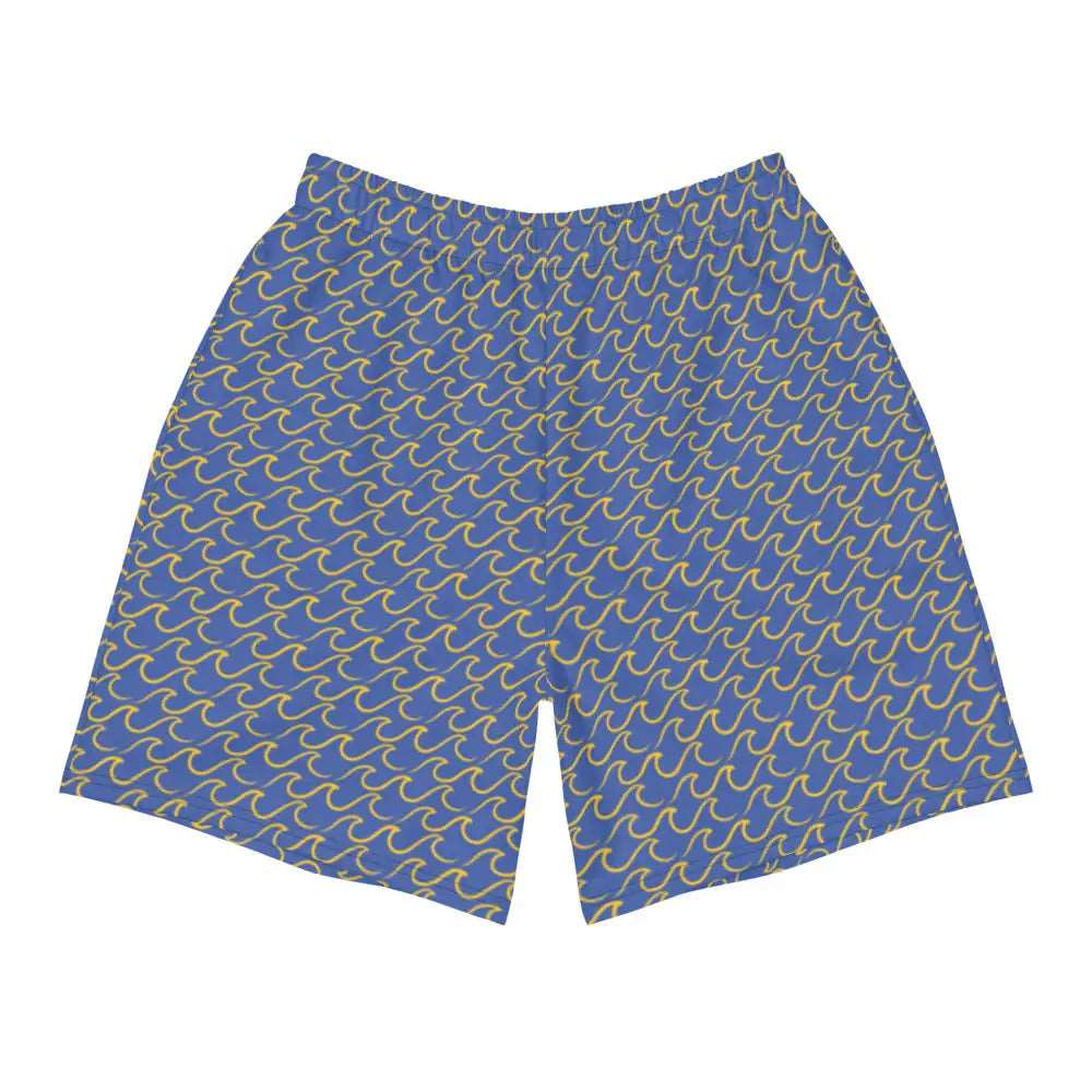 Mens Gold Coast Shorts with tropical wave pattern, featuring four-way stretch, water-repellent microfiber fabric, elastic waistband, and mesh side pockets.