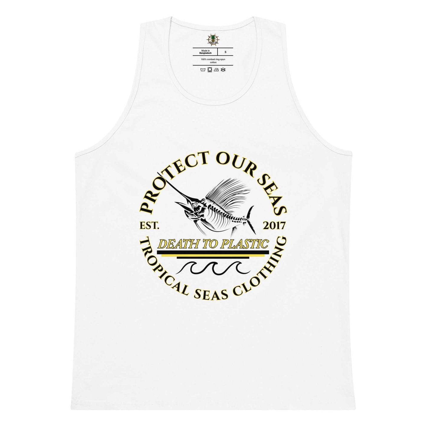 Men's Premium Death to Plastic Tank Top with printed design and soft-washed fabric.