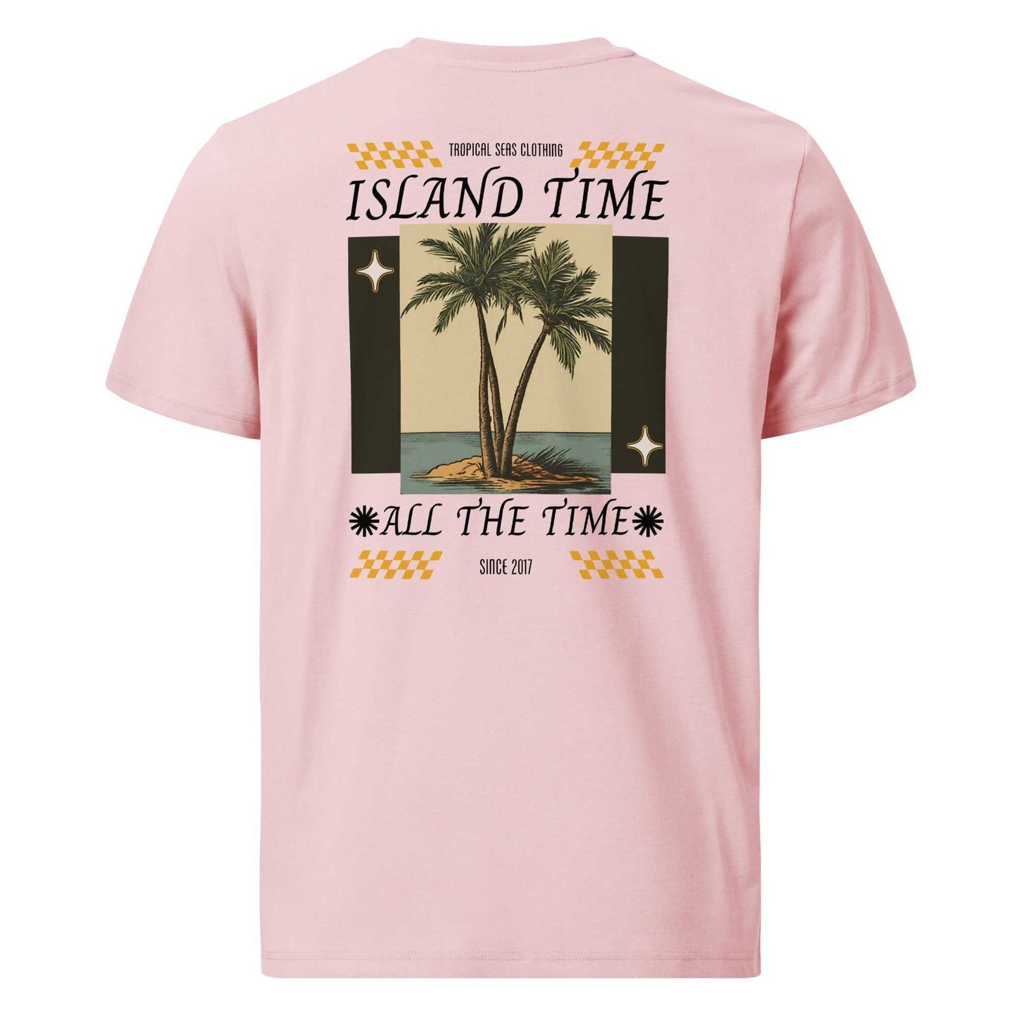 Island Time Organic Cotton T-Shirt with palm tree graphic by Tropical Seas Clothing.