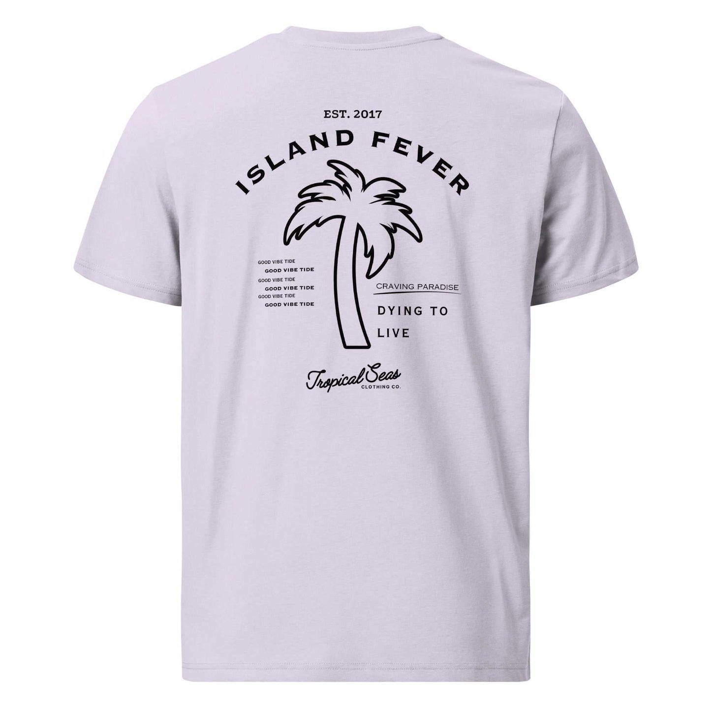Island Fever Organic Cotton t-shirt with palm tree design, eco-friendly and unisex.