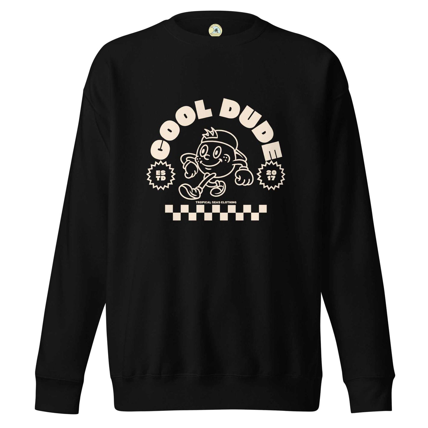 Cool Dude Surfer Premium Sweatshirt with ribbed crew neck and cartoon graphic design.