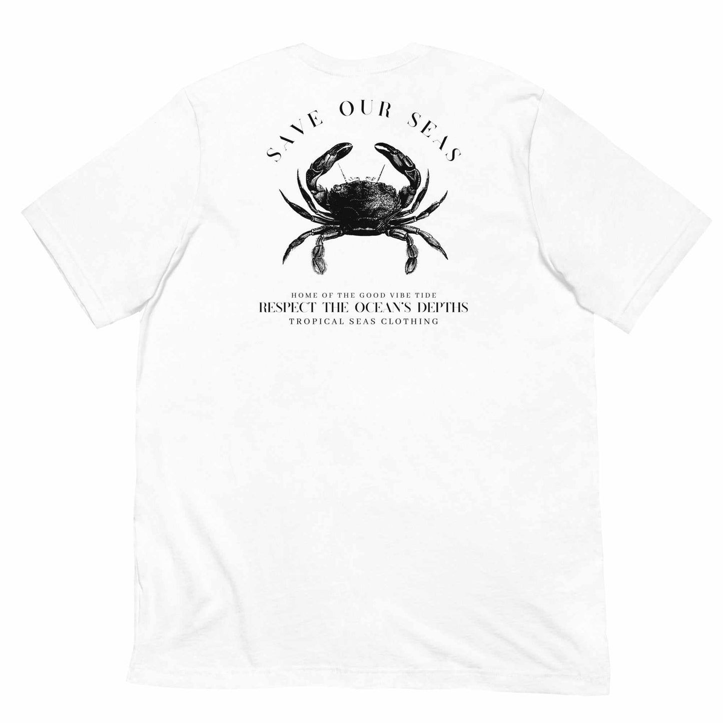 White unisex eco t-shirt with black crab graphic and "Save Our Seas" text promoting ocean conservation by Respect the Depths.
