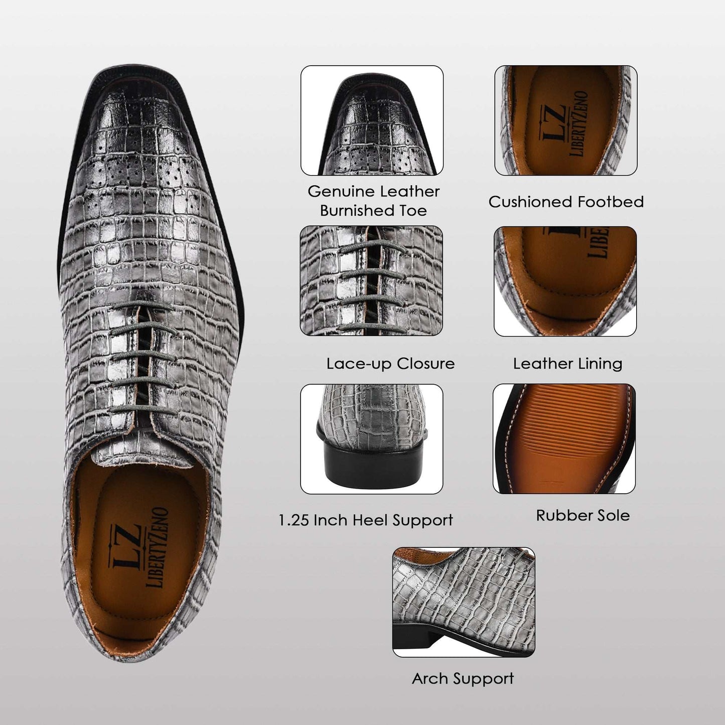 Walter Small Croco Leather Lace up Oxford Dress shoes - MENLL
